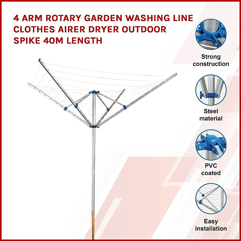4 Arm Rotary Garden Washing Line Clothes Airer Dryer Outdoor Spike 40m Length - image3