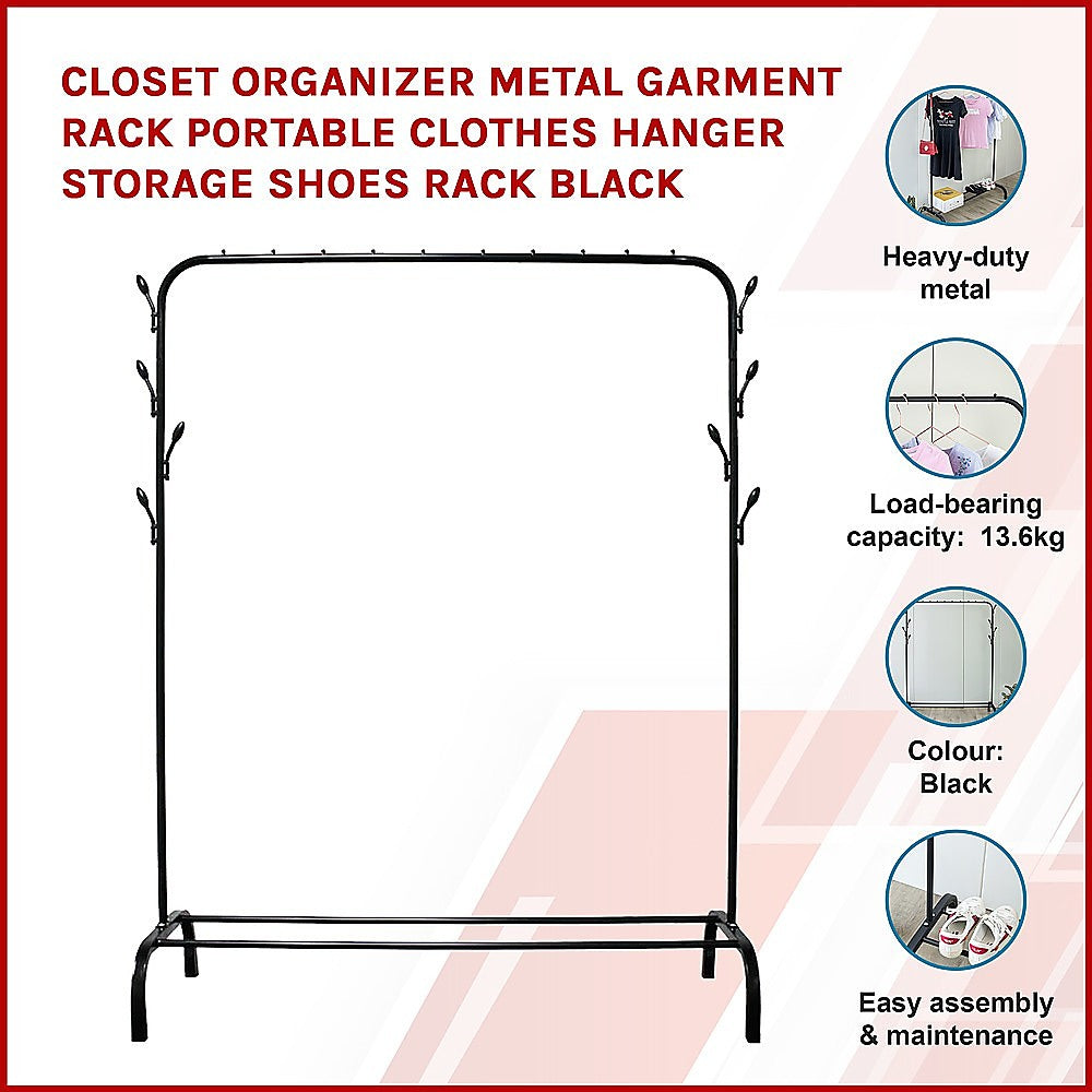 Closet Organizer Metal Garment Rack Portable Clothes Hanger Storage Shoes Rack Black - image3