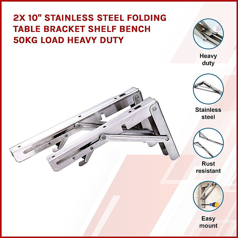 2x 10" Stainless Steel Folding Table Bracket Shelf Bench 50kg Load Heavy Duty - image3