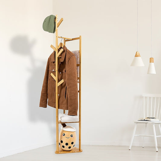 Clothes Coat Rack Garment Stand Shelf Wooden Tree Hanger Bag Hat Hook Holder - image1