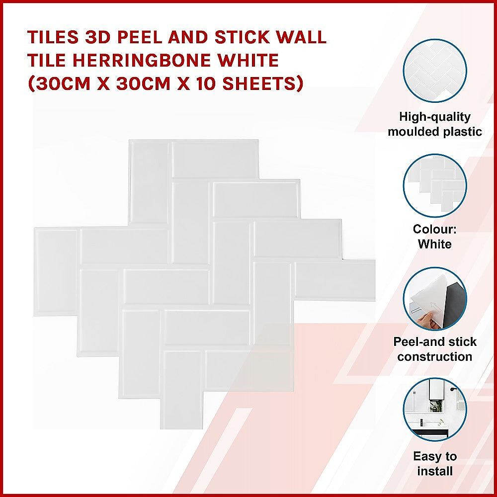 Tiles 3D Peel and Stick Wall Tile Herringbone White (30cm x 30cm x 10 sheets) - image3