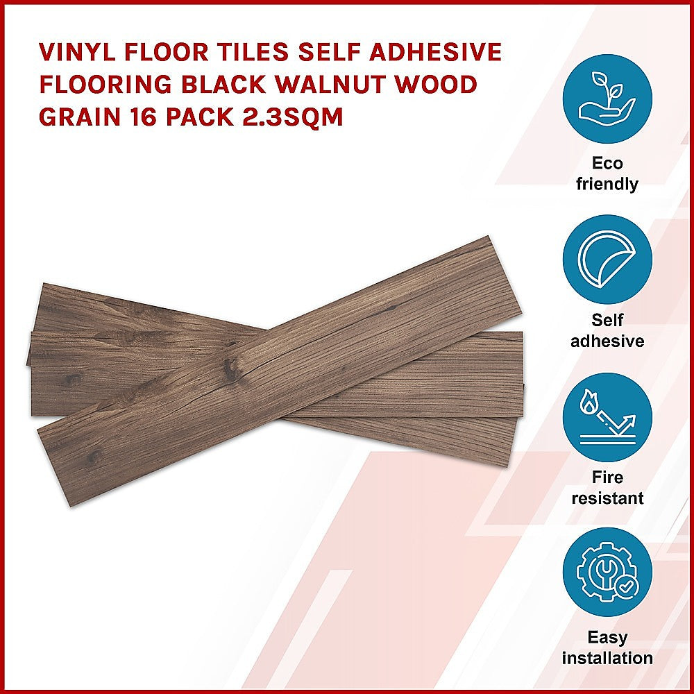 Vinyl Floor Tiles Self Adhesive Flooring Black Walnut Wood Grain 16 Pack 2.3SQM - image3