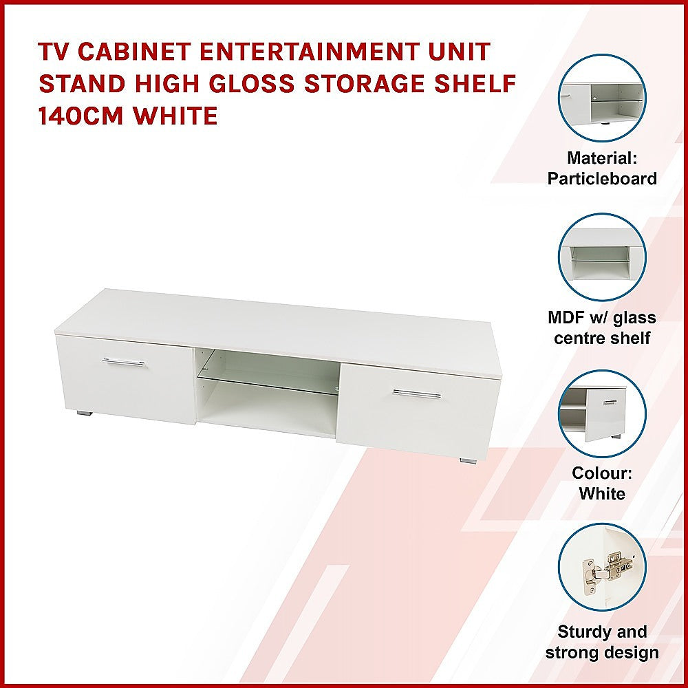 TV Cabinet Entertainment Unit Stand High Gloss Storage Shelf 140cm White - image3