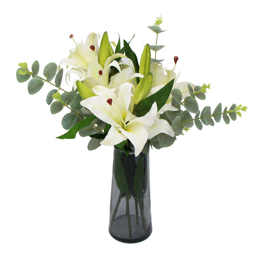 Premium Faux White Lily In Glass Vase (Tiger Lily Bouquet With Eucalyptus) - image1