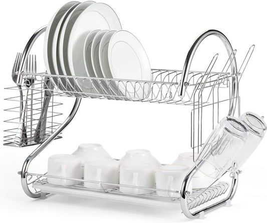 2 Tier Dish Rack with Drain Board for Kitchen Counter and Plated Chrome Dish Dryer Silver 42 x 25,5 x 38 cm - image1