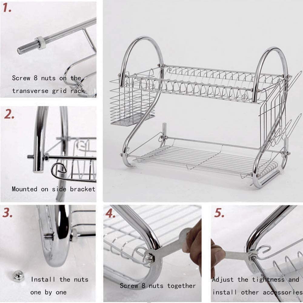 2 Tier Dish Rack with Drain Board for Kitchen Counter and Plated Chrome Dish Dryer Silver 42 x 25,5 x 38 cm - image6