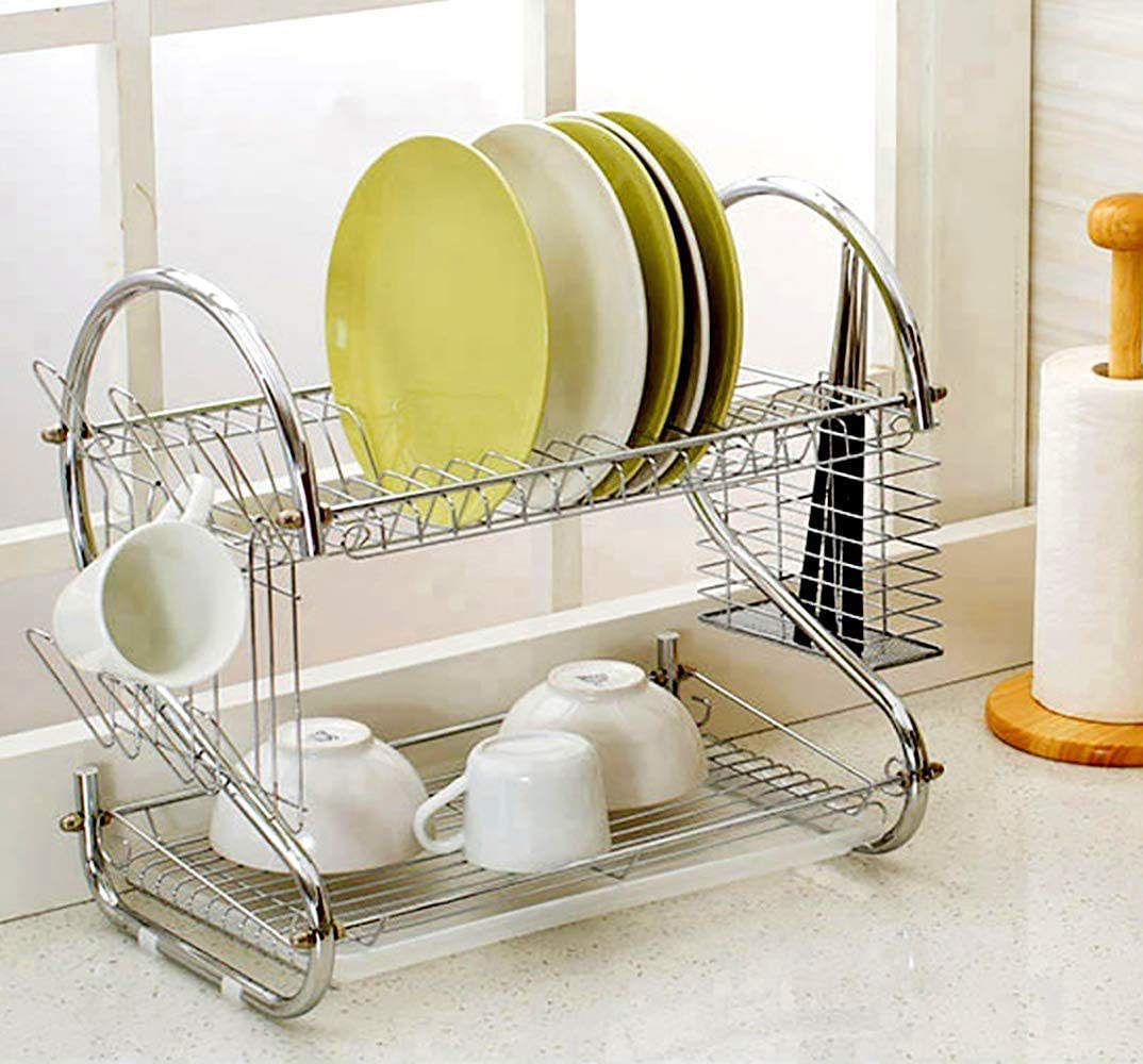 2 Tier Dish Rack with Drain Board for Kitchen Counter and Plated Chrome Dish Dryer Silver 42 x 25,5 x 38 cm - image7