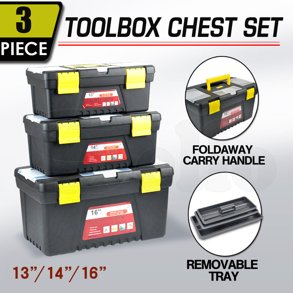 3 Piece Tool Boxes Set Organiser Trays Chest DIY Garage Toolbox Case Storage Bag - image2