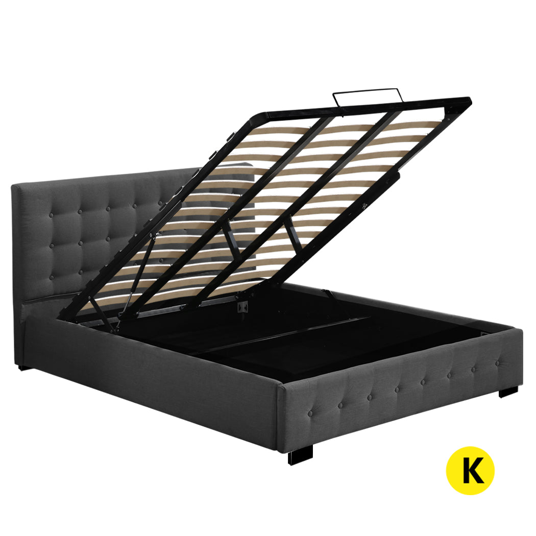 Gas Lift Bed Frame Fabric Base Mattress Storage King Size Dark Grey - image1