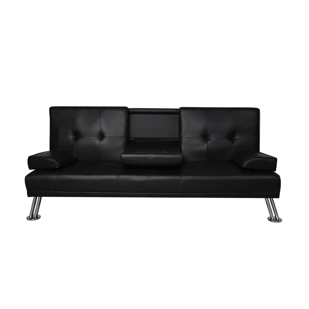 Adjustable Sofa Bed Lounge Futon Couch Leather Beds 3 Seater Cup Holder Recliner Black - image2