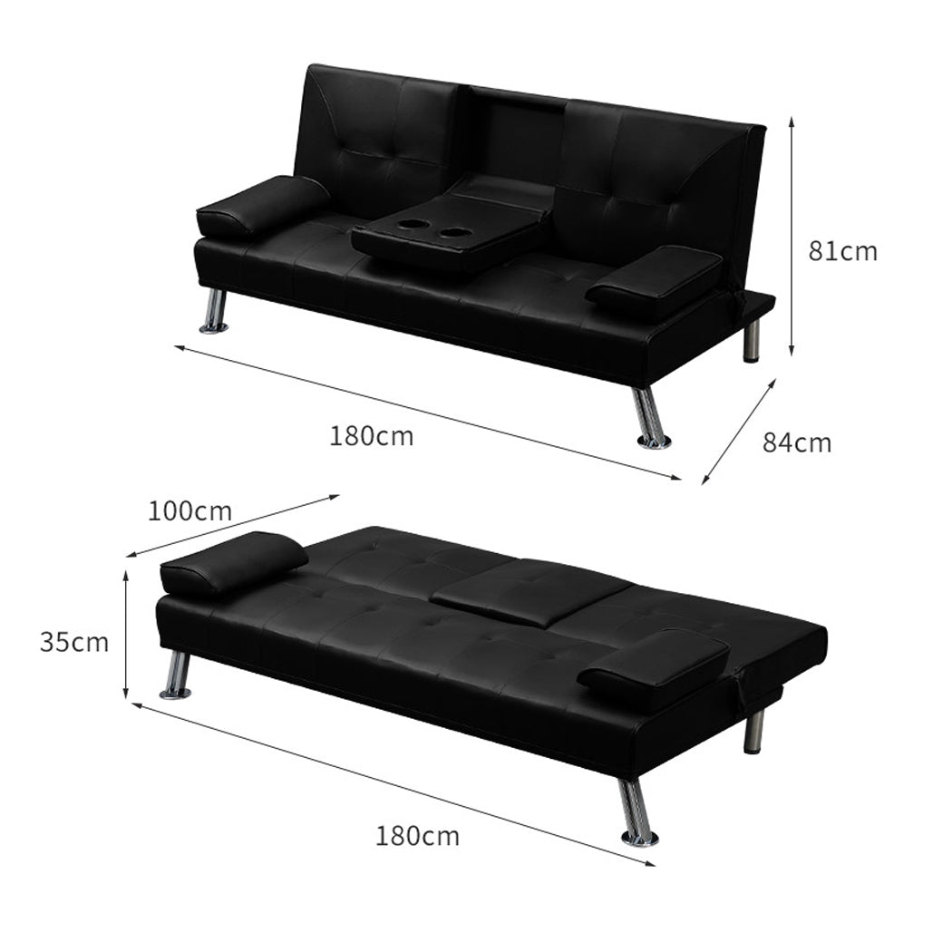 Adjustable Sofa Bed Lounge Futon Couch Leather Beds 3 Seater Cup Holder Recliner Black - image3