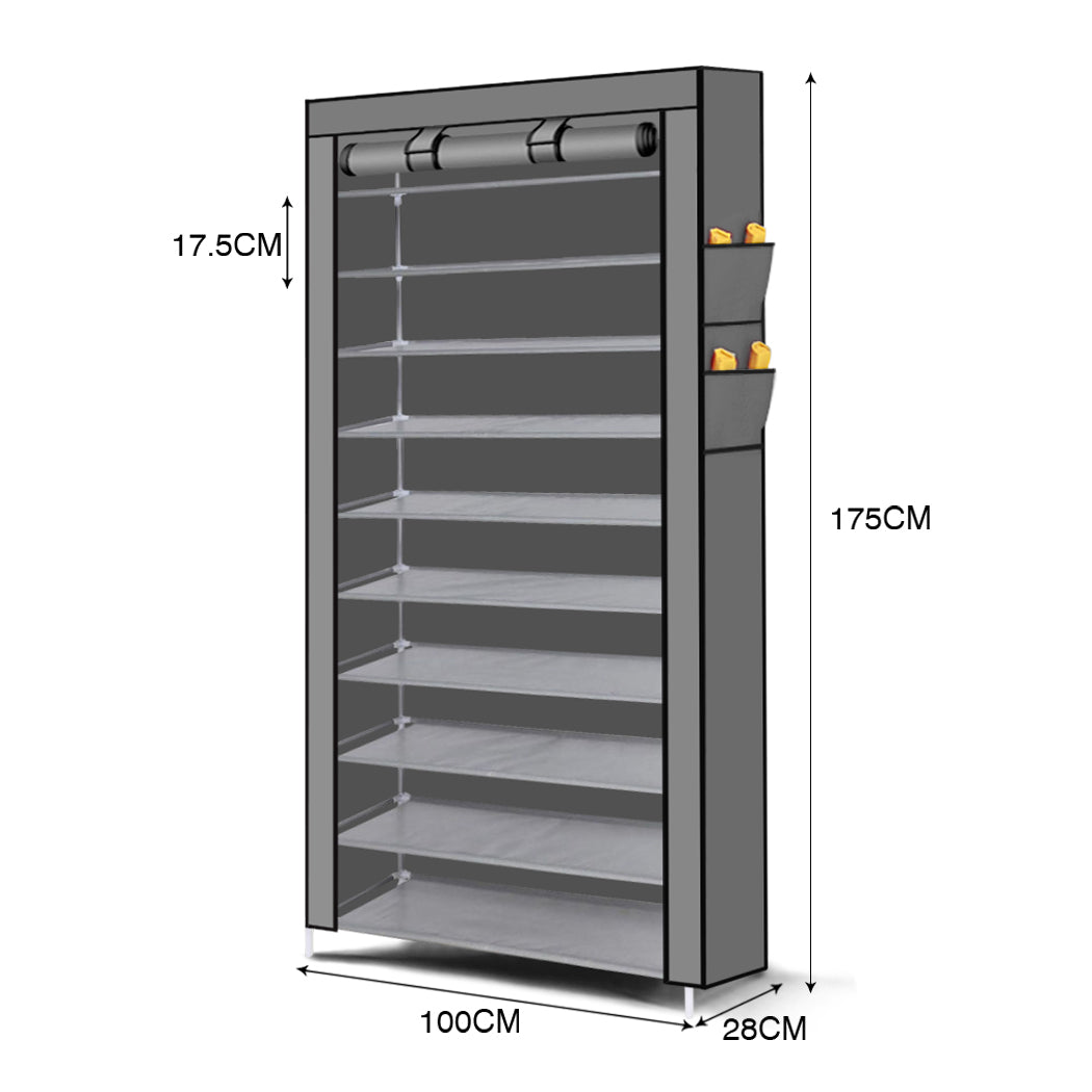 Levede 10 Tier Shoe Rack Portable Storage Cabinet Organiser Wardrobe Grey Cover - image3