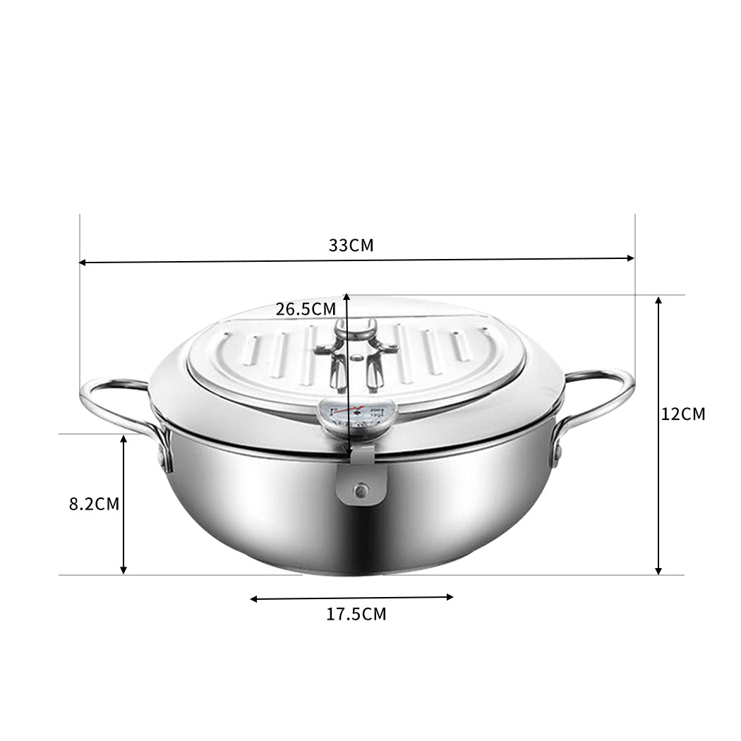 24cm Japanese  Deep Frying Pan Pot with Thermometer Kitchen Tempura Fryer Silver - image3