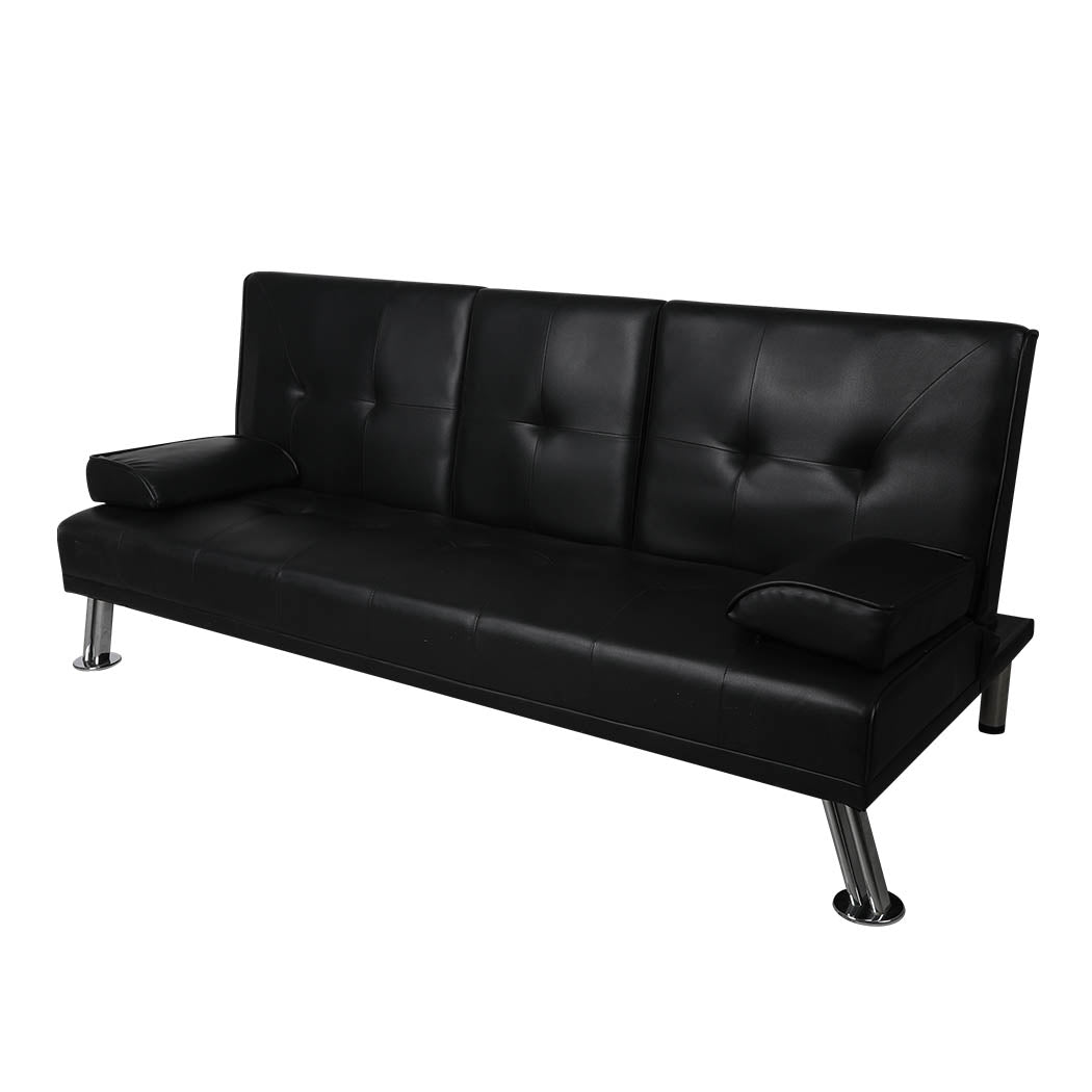 Adjustable Sofa Bed Lounge Futon Couch Leather Beds 3 Seater Cup Holder Recliner Black - image4