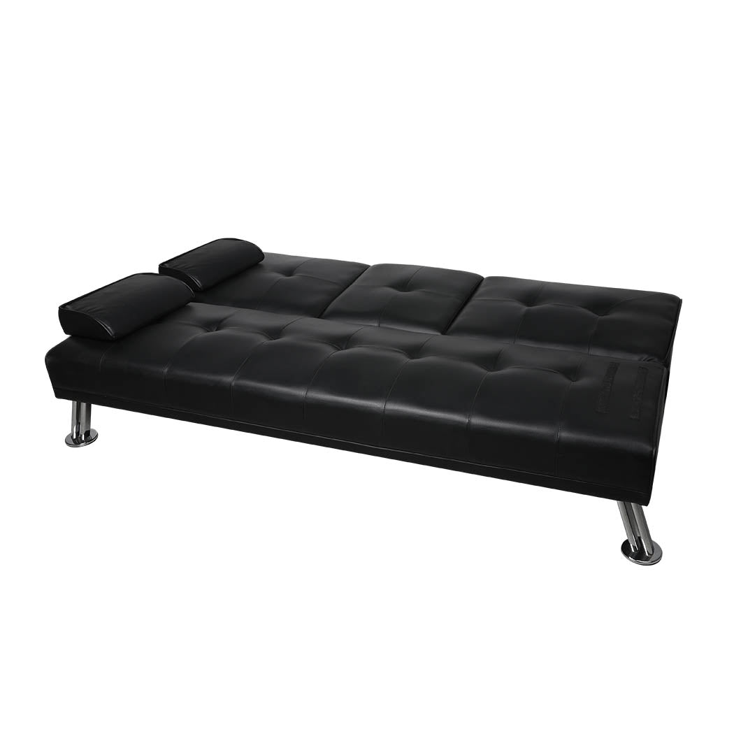 Adjustable Sofa Bed Lounge Futon Couch Leather Beds 3 Seater Cup Holder Recliner Black - image5