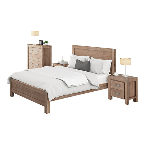 4 Pieces Bedroom Suite in Solid Wood Veneered Acacia Construction Timber Slat Single Size Oak Colour Bed, Bedside Table & Tallboy - image1