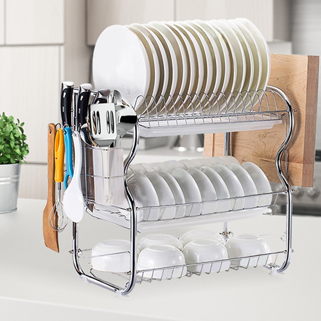 3 Tier Stainless Steel Dish Rack Drainer Tray Kitchen Storage Cup Cutlery Holder - image8