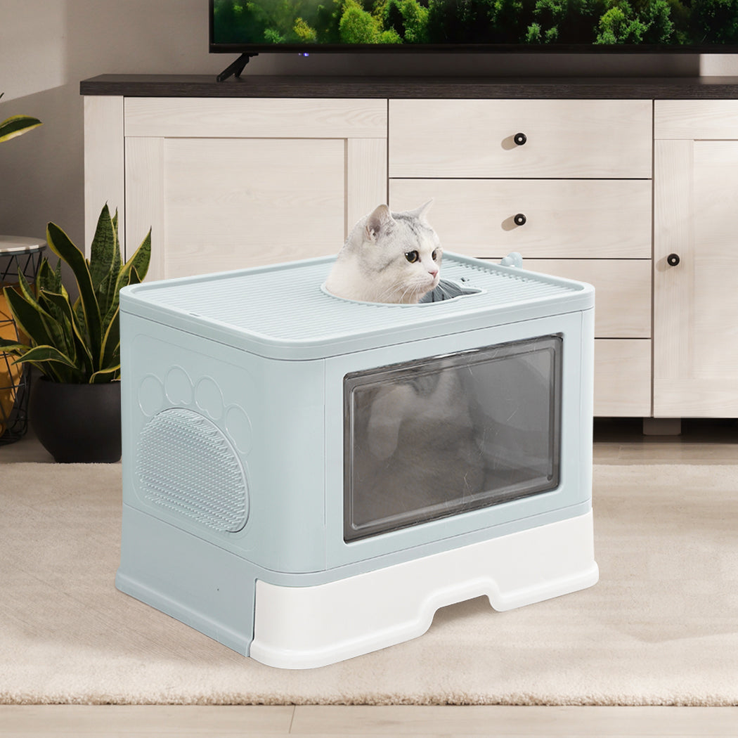 Foldable Cat Litter Box Tray Enclosed Kitty Toilet Hood Hair Grooming Blue - image14