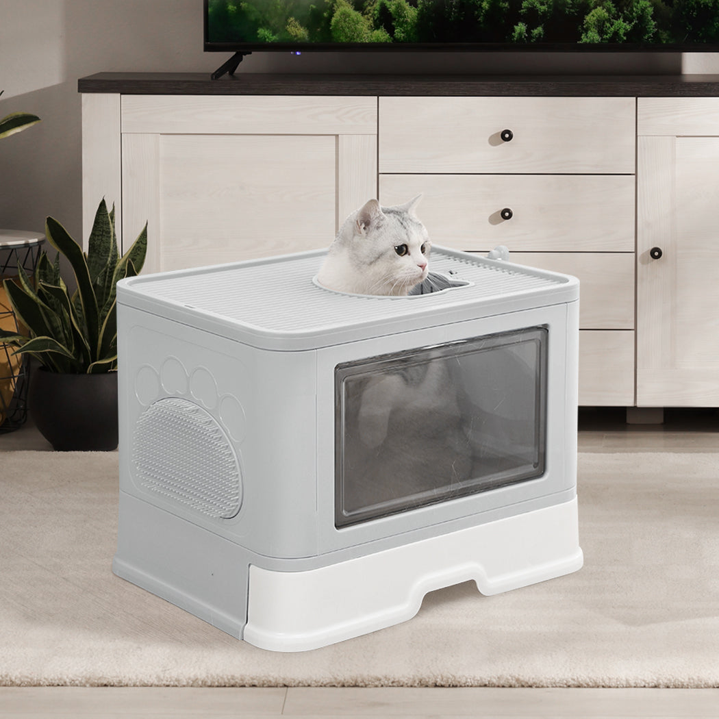 Foldable Cat Litter Box Tray Enclosed Kitty Toilet Hood Hair Grooming Grey - image14