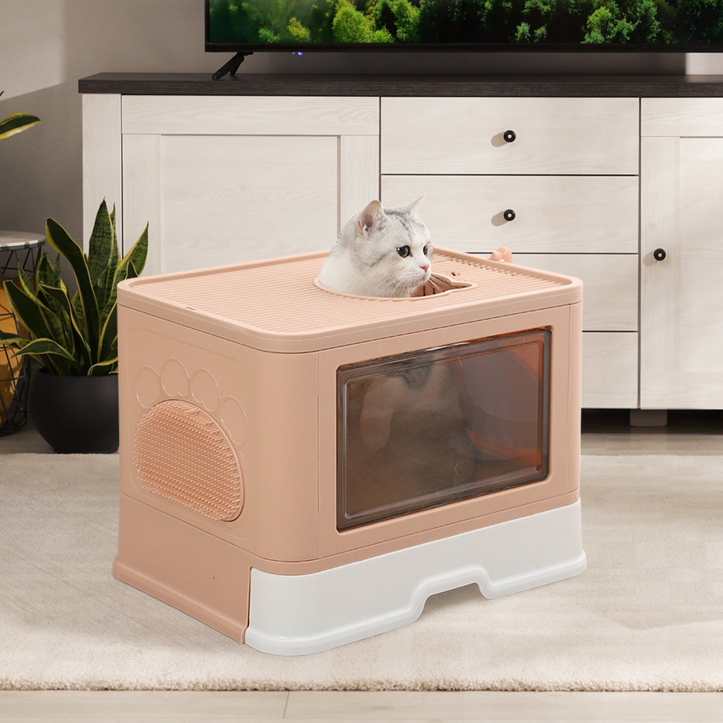 Foldable Cat Litter Box Tray Enclosed Kitty Toilet Hood Hair Grooming Pink - image14