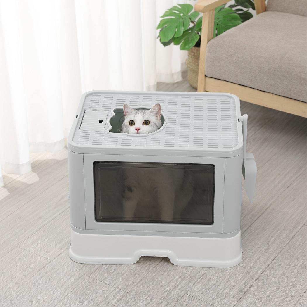 Foldable Cat Litter Box Tray Enclosed Kitty Toilet Hood Hair Grooming Grey - image15