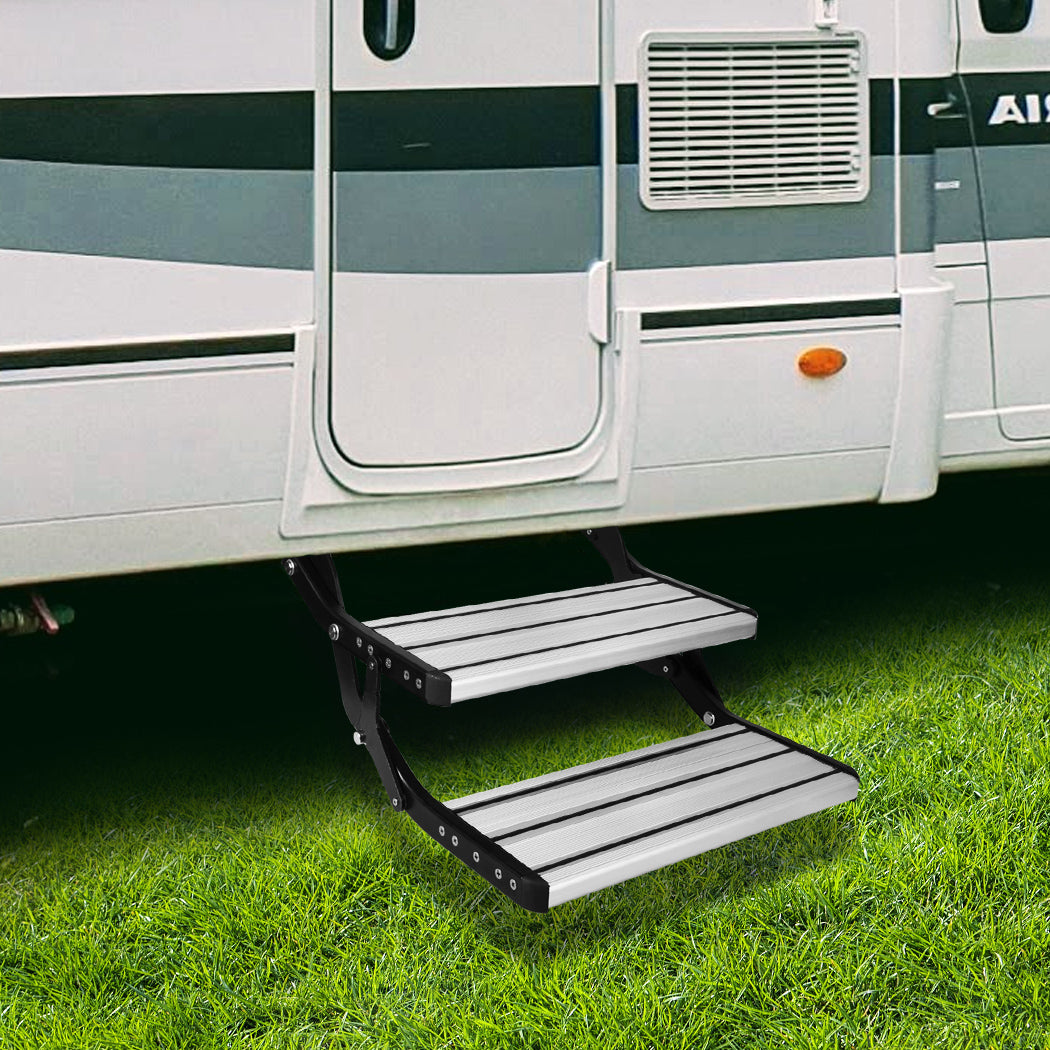 Double Caravan Step Folding Steps Aluminium Pull Out Camper Trailer Motorhome RV - image16