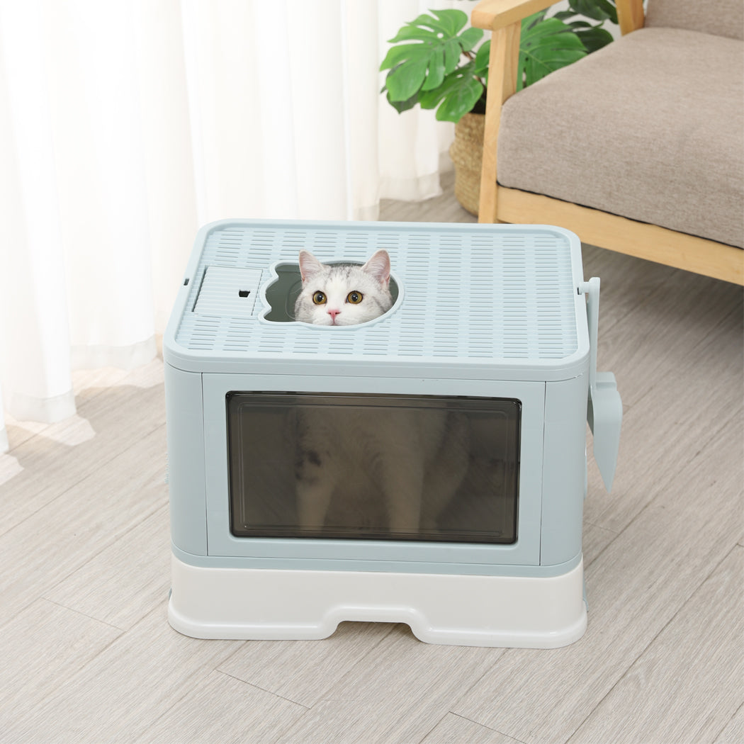 Foldable Cat Litter Box Tray Enclosed Kitty Toilet Hood Hair Grooming Blue - image15