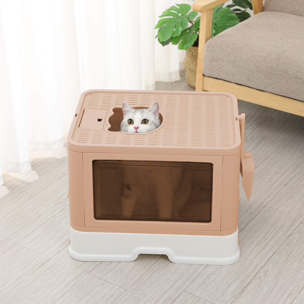 Foldable Cat Litter Box Tray Enclosed Kitty Toilet Hood Hair Grooming Pink - image15