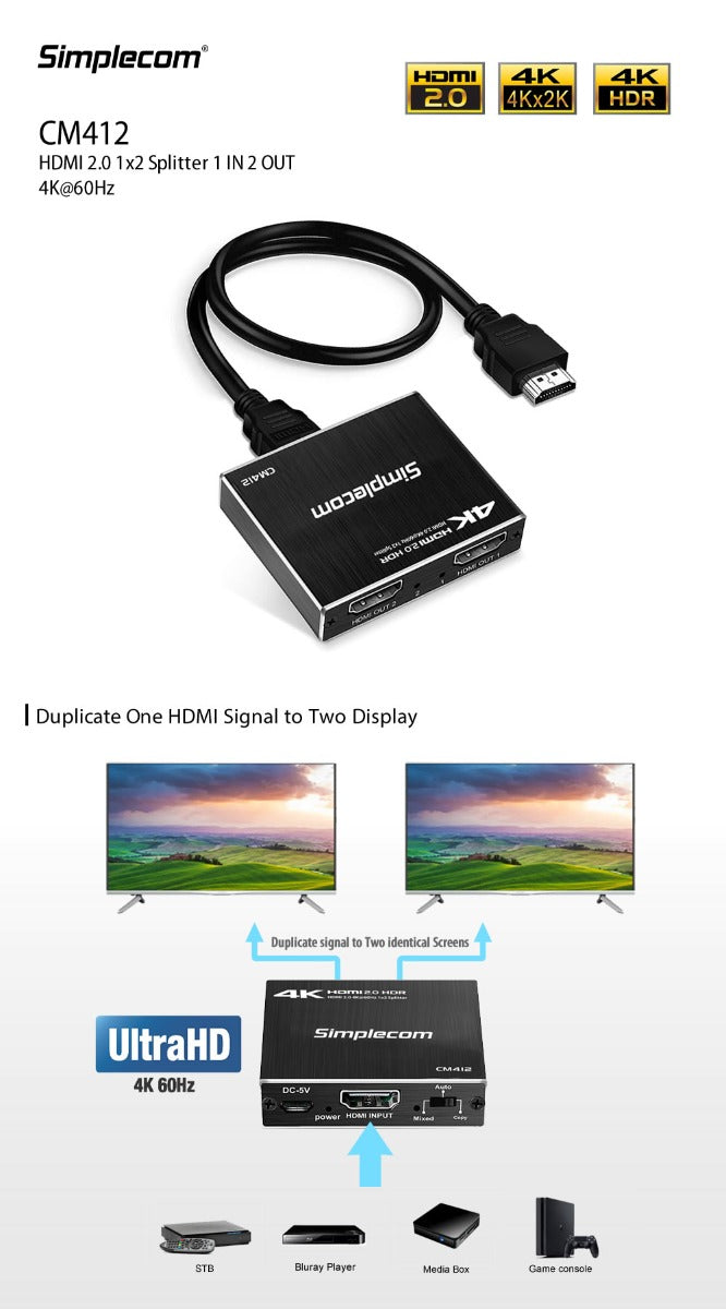CM412 HDMI 2.0 1x2 Splitter 1 IN 2 Out 4K@60Hz HDR10 2 Port HDMI Duplicator - image4